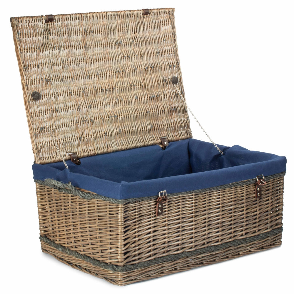 72cm Antique Wash Rope Handled Trunk Picnic Basket | Blue