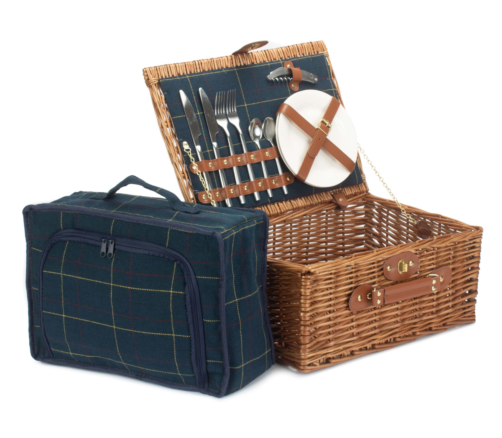 Blue Tweed Fitted Picnic Wicker Basket | 2-Person | Blue