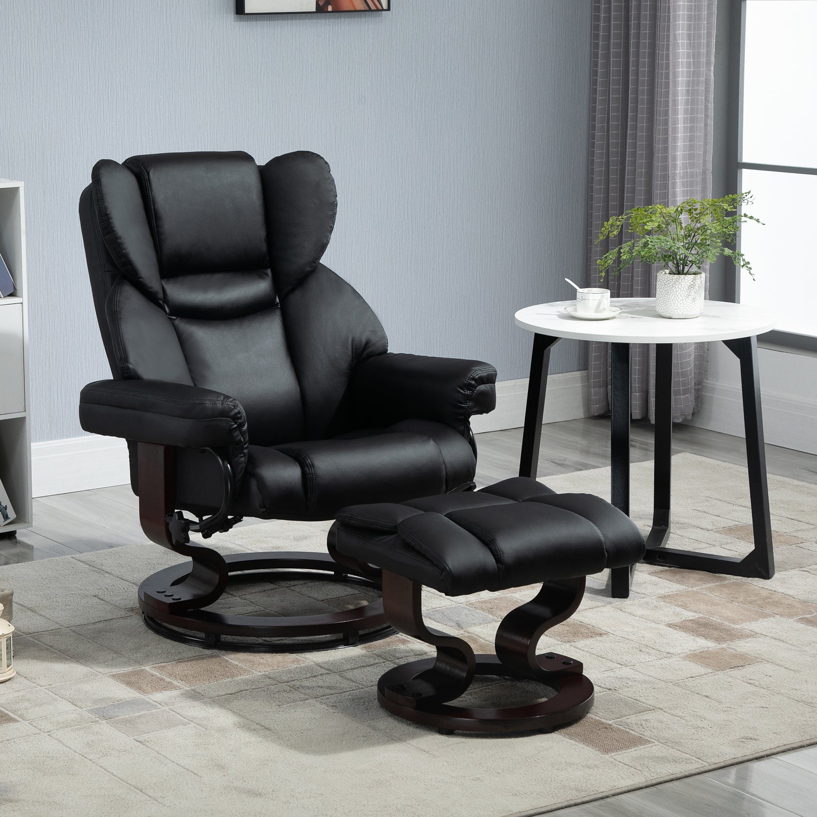 Pu Leather Manual Reclining Armchair Footstool Padded Seat | One Size | Black