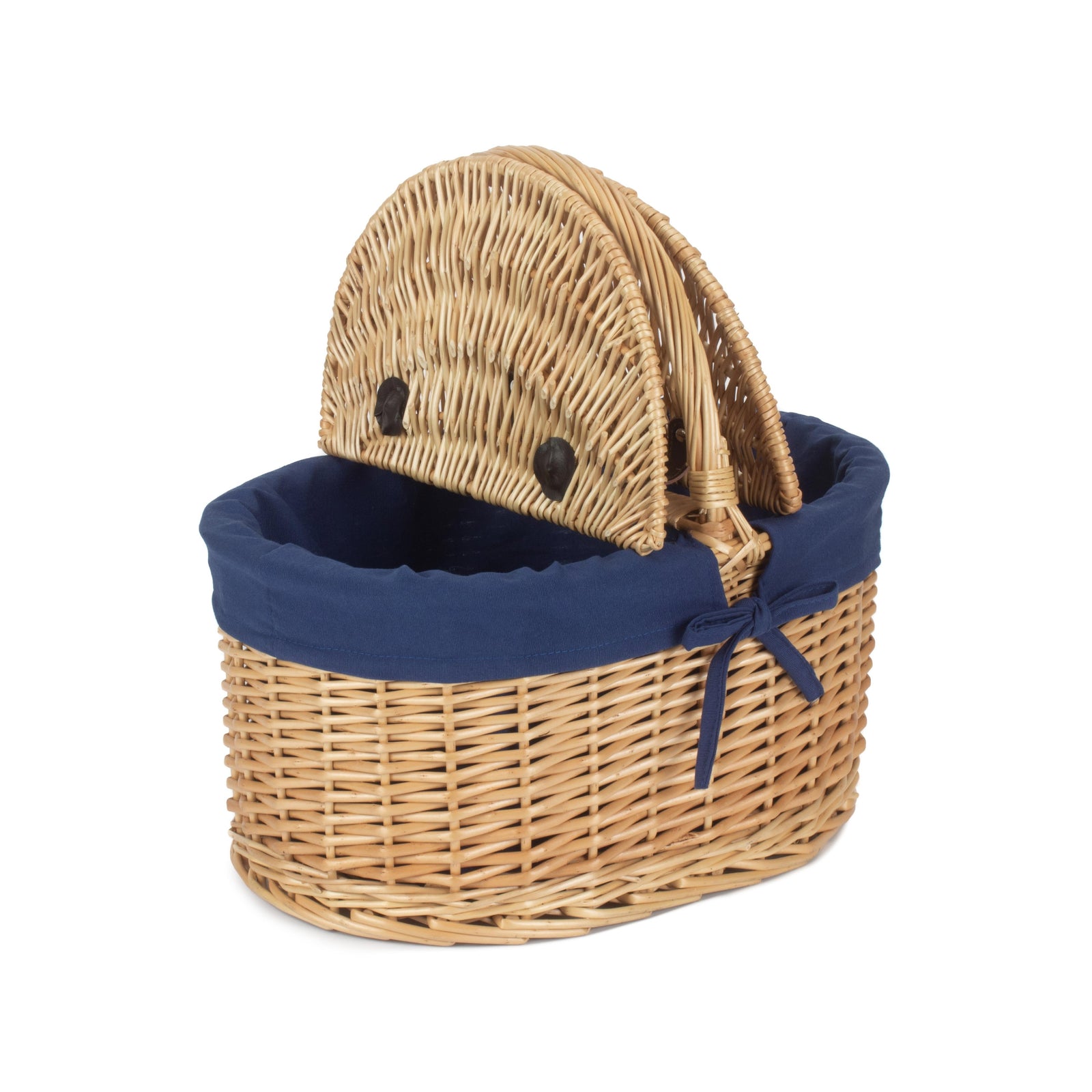 Red Hamper Wicker Oval Lidded Shopping Basket With Navy Blue Lining