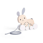 Wooden Bunny & Baby Pull Along Toy With Grey Cord