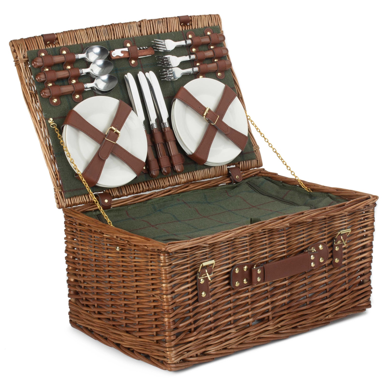 Green Tweed Classic Picnic Wicker Basket | 6-person | Green