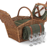 Elegant Blue Tweed Fitted Picnic Wicker Basket | 4-Person | Green