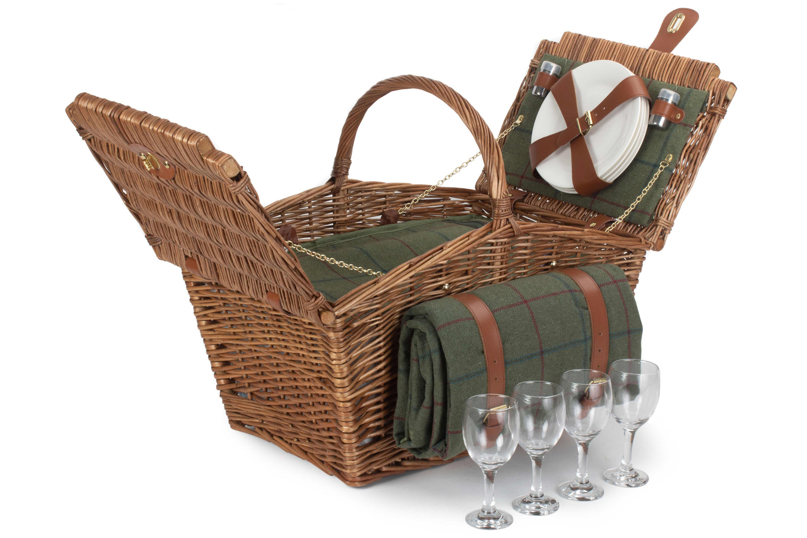 Elegant Blue Tweed Fitted Picnic Wicker Basket | 4-Person | Green