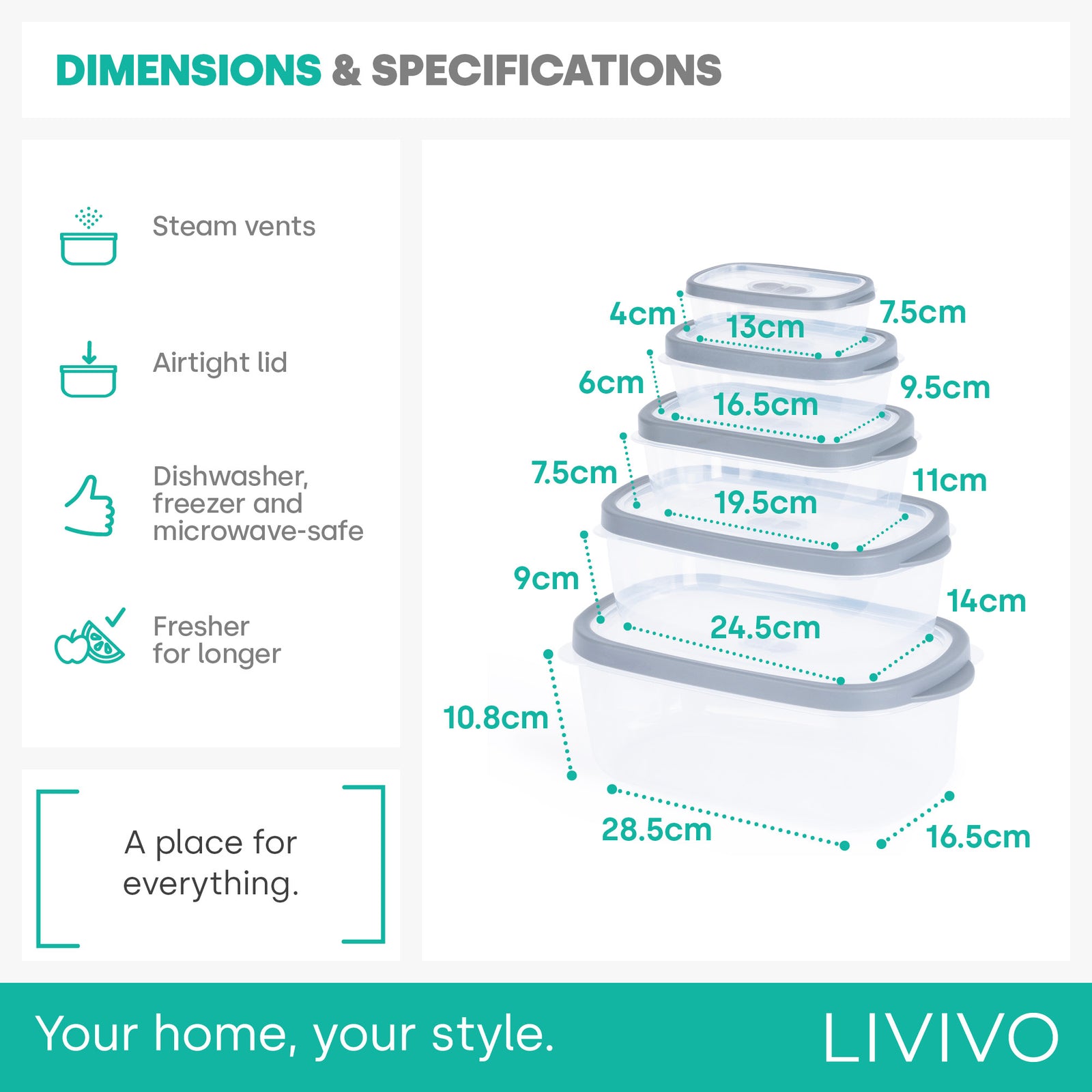 Livivo 5 Airtight Meal Prep Container Set - Rectangular