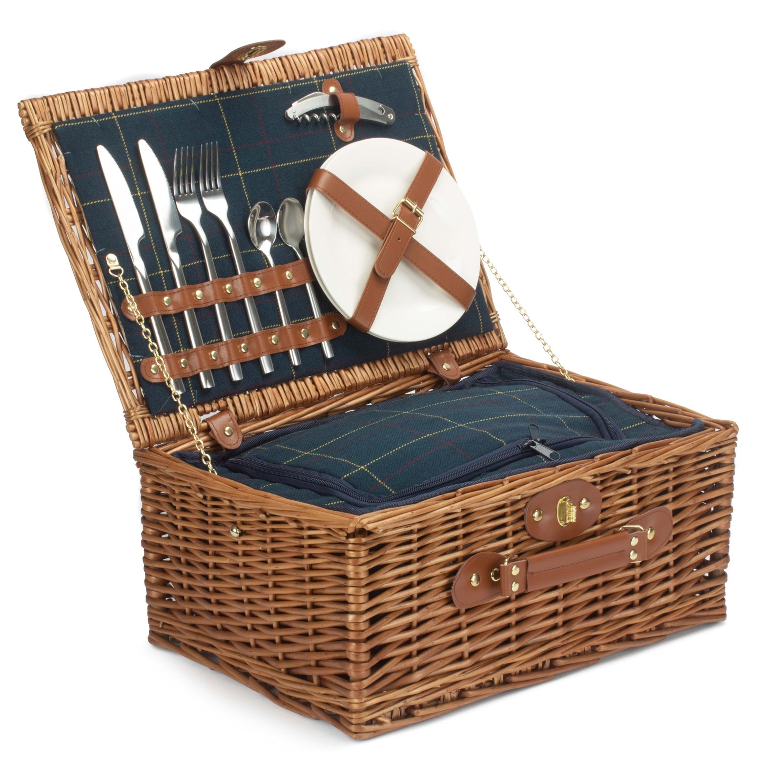 Blue Tweed Fitted Picnic Wicker Basket | 2-Person | Blue