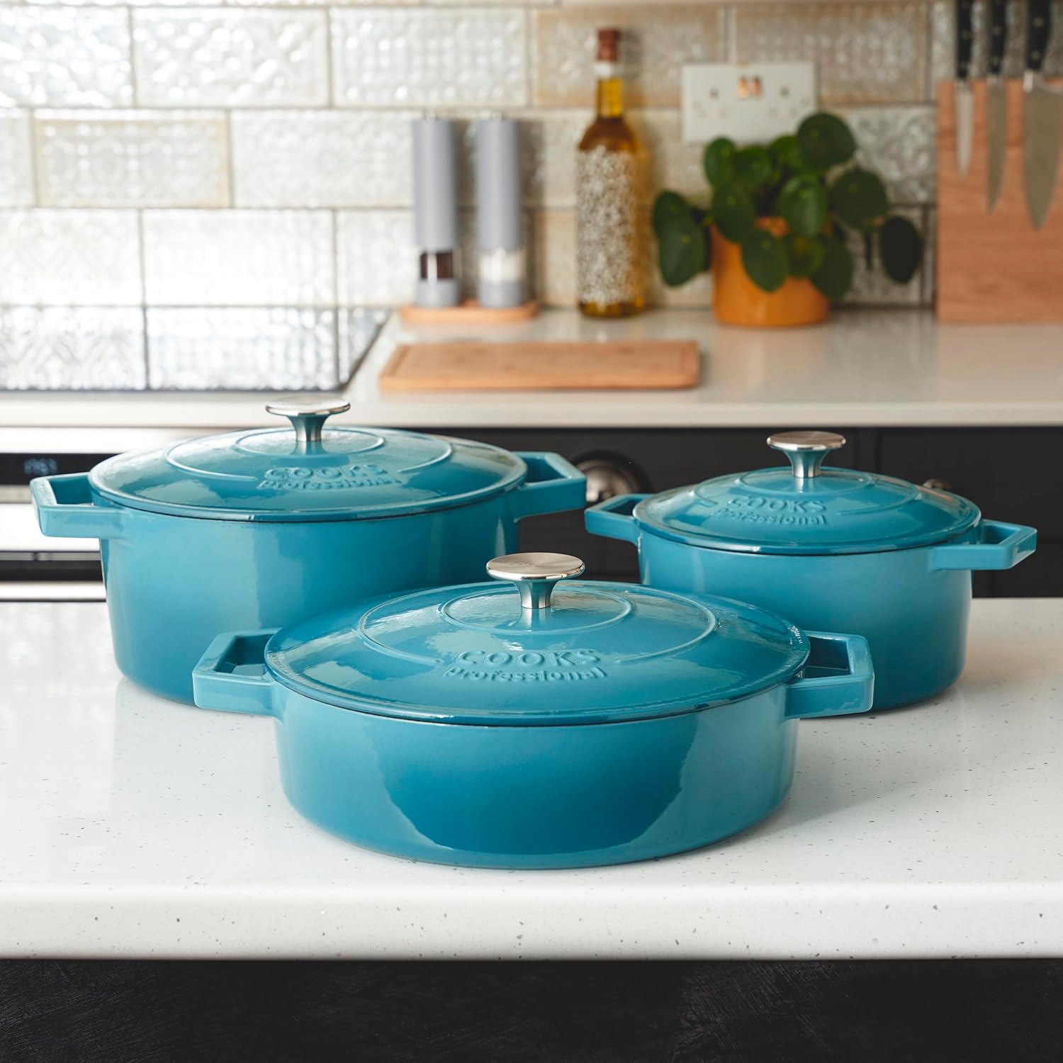 Cast Iron Casserole Set Of 3 20 Cm 26cm & 28cm / 2.8l 4.3l & 5.8l Dishes Oven Proof Enamelled Cast Iron Pans With Lids | Blue