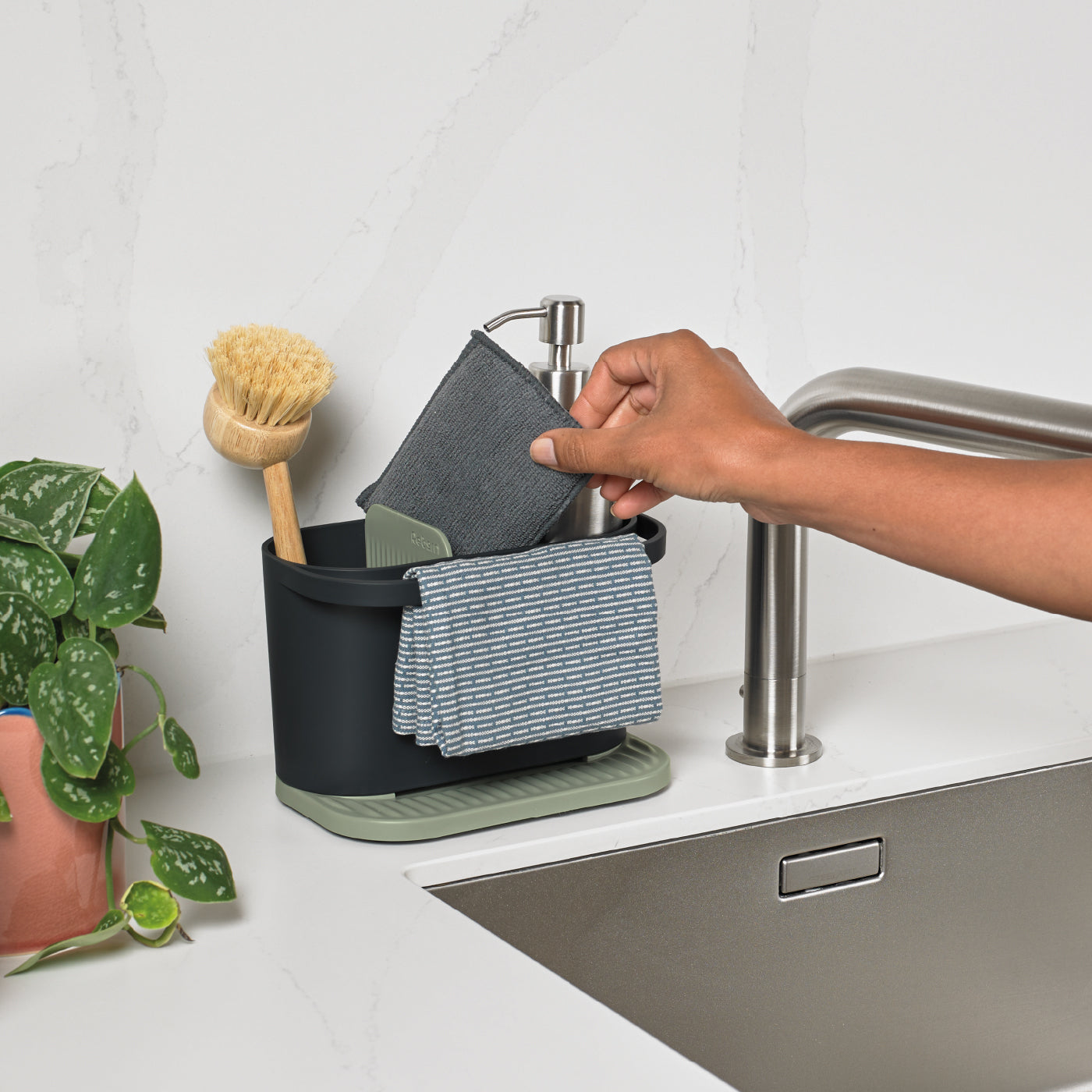 Recycled Sink Tidy - Sage Green Kitchen Sink Organiser - Integrated Dishcloth Rail - Made in the UK