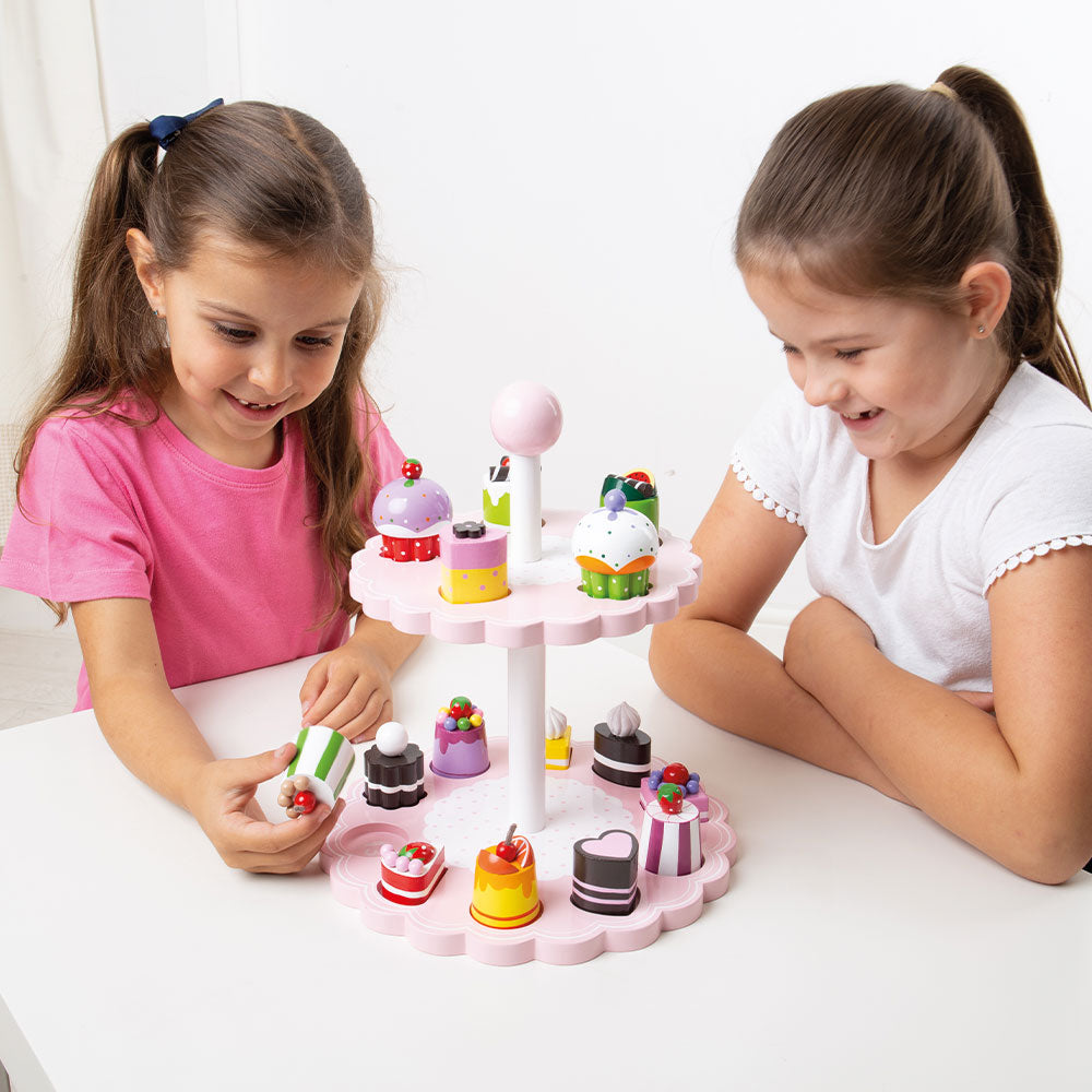 Wooden High Tea Playset, Features Two Tier Stand & 15 Cakes