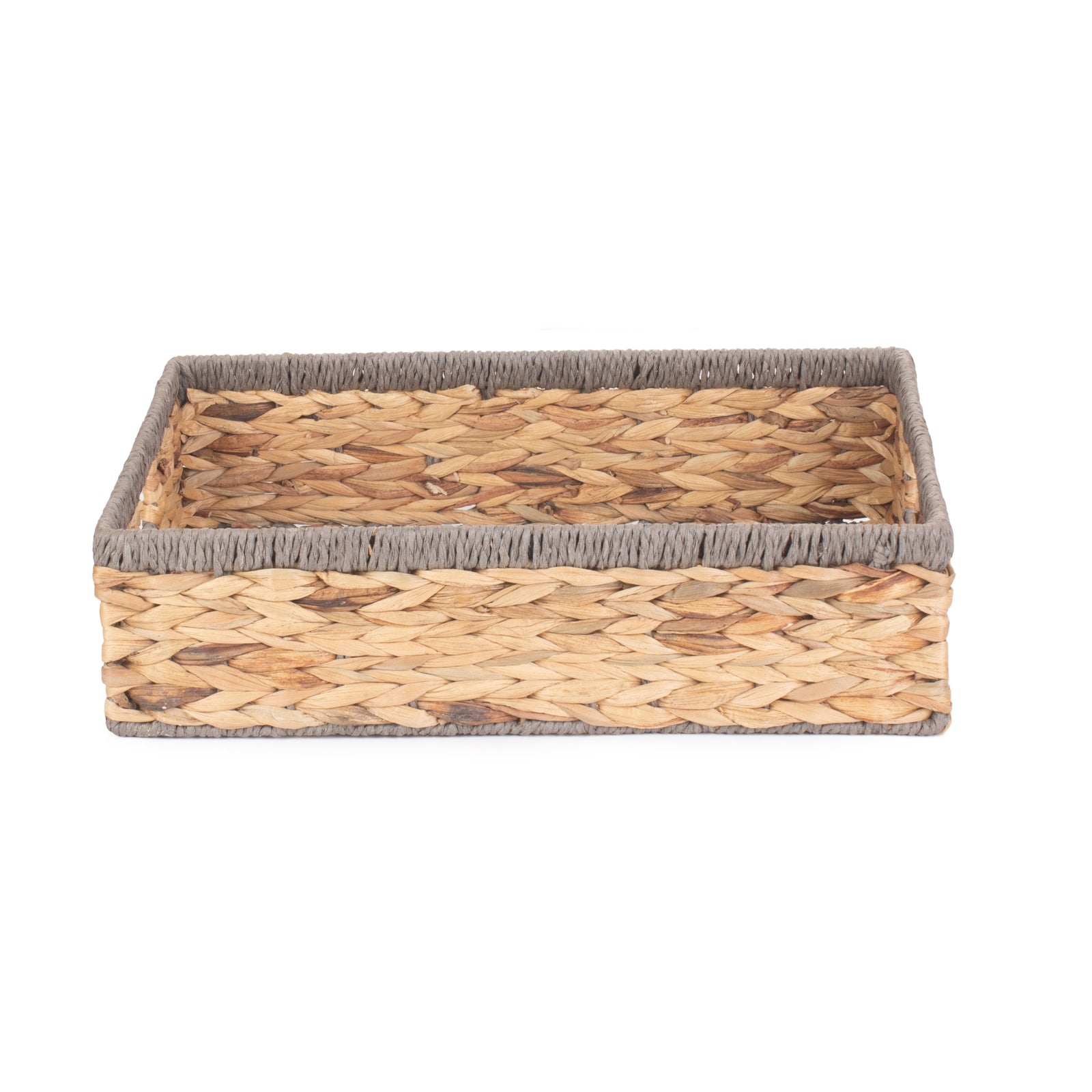 Shallow Rectangular Water Hyacinth With Grey Rope Border Storage Basket | Large | Brown