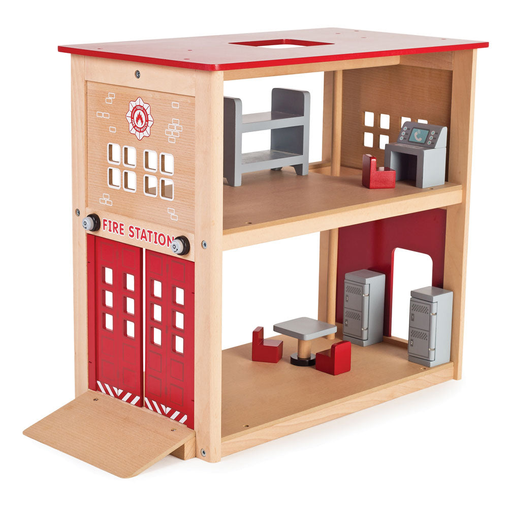 Wooden Fire Station Playset, Open Plan Design, 50cm Tall