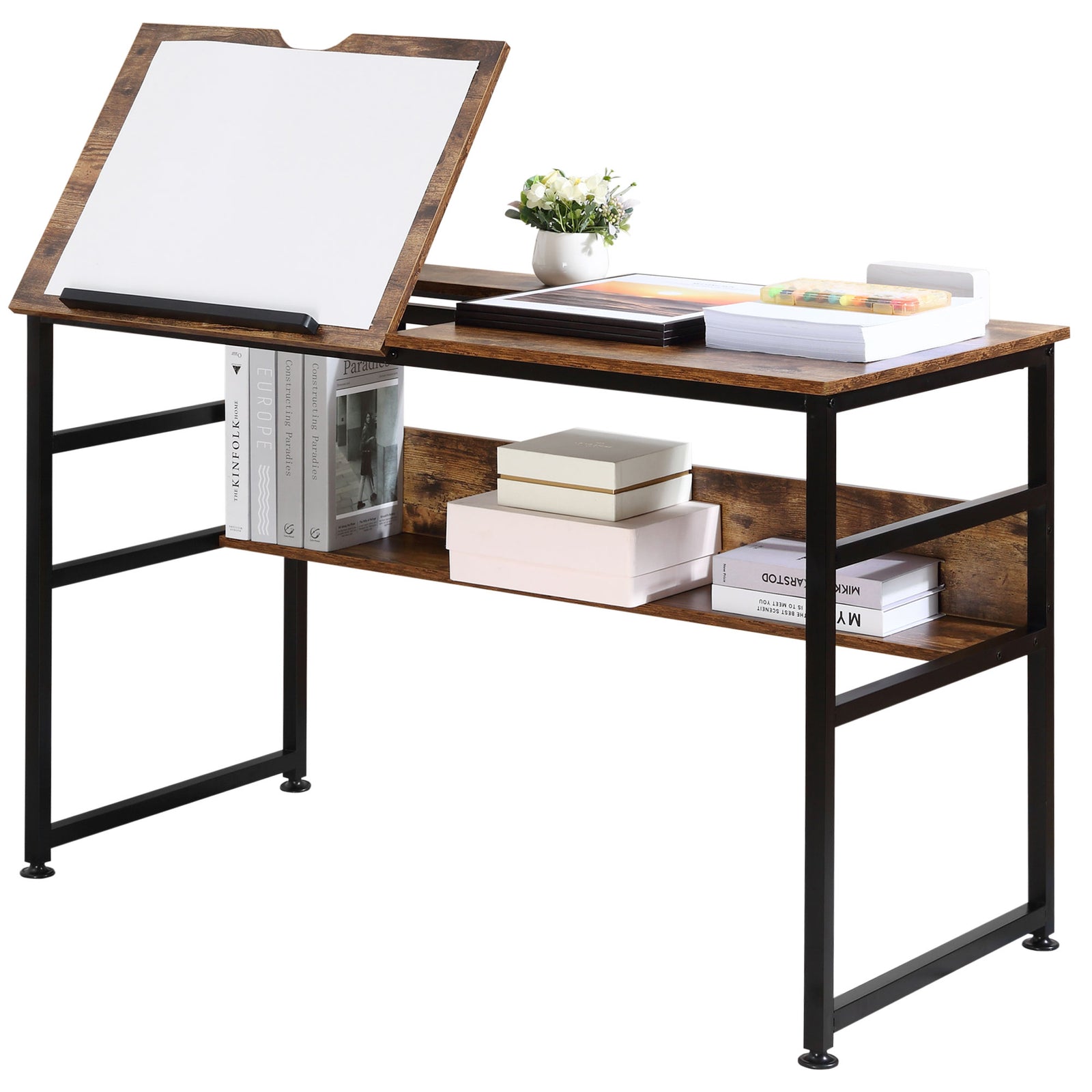 Tiltable Drafting Table, Open Shelf