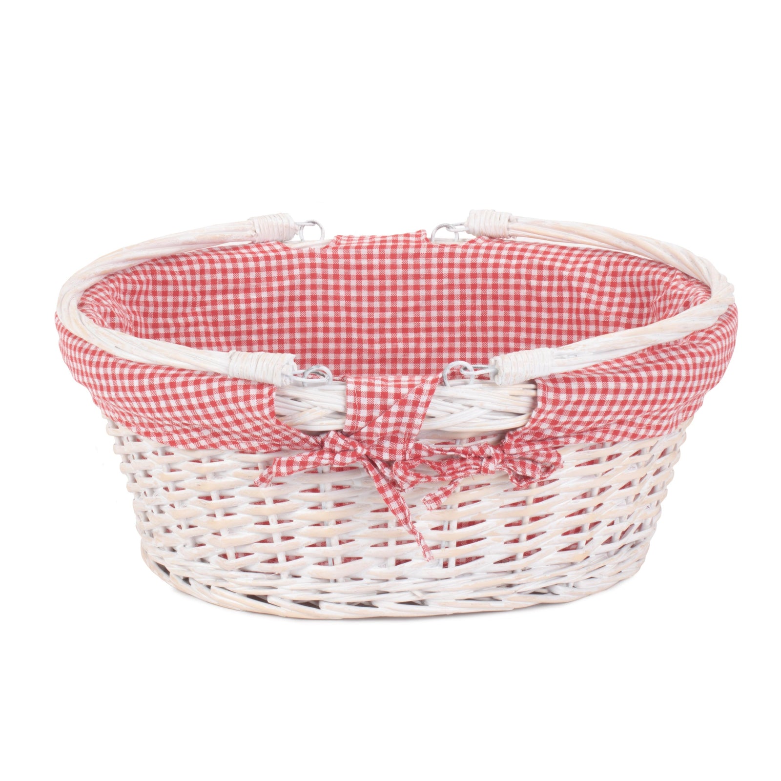 Red Hamper Red Checked Cotton Lined White Painted Swing Handle Wicker Shopping Basket