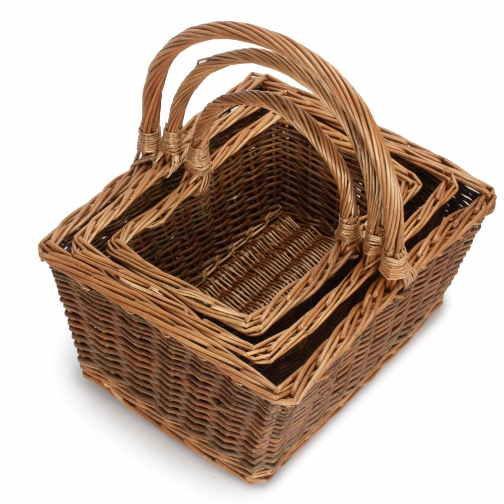 Rectangular Unpeeled Willow Shopping Basket | Set-of-3 | Brown